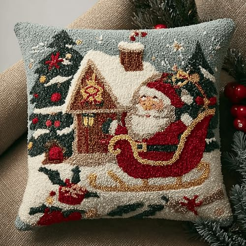 Kit de Coussin au Point Noué 43x43cm,Housse de Coussin à Broder DIY,Tapis à Nouer pour Débutants et Adultes,Kits de Broderie au Crochet,Décoration de Noël à Faire Soi-même(Maison de neige de Noël)