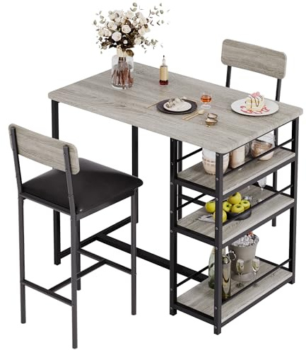 PortoAlegre Bartisch mit Barhocker Set, Esstisch Set für 2 Personen mit 2 Gepolsterten Barstühlen, 3 Ablageflächen Tresentisch Essgruppen für Kleine Räume,Esszimmer, Küche,Grau