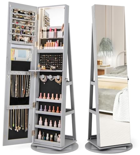 COSTWAY 360° Swivel Jewelry Cabinet, Lockable Jewelry Armoire Storage Unit with Full-Length Mirror & 3-Color Auto-on LED Lights, Home Bedroom Dressing Room Cosmetics Jewellery Organiser (Grey)