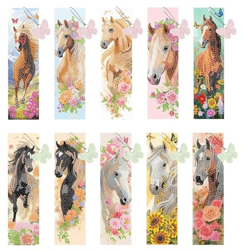 Kunaxku 10 Stück Diamond Painting Kinder, Bastelset Mädchen ab 6 7 8 9 10 11 12 Jahre, Lesezeichen Basteln Bookmark DIY Spielzeug Adventskalender Füllung für Mädchene (Pferd)