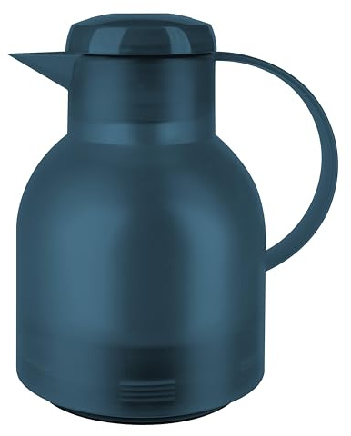 Emsa Samba Isolierkanne, 1 Liter Fassungsvermögen, Quick Press Verschluss, 100% dicht, 12h heiß und 24h kalt, mit Glaskolben, made in Germany, Transluzent/Ozeanblau, N4015900