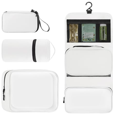 Toncoke Travel Toiletry Bag Set, Hanging Toiletry Bag Premium Faux Leather, Toiletry Bag for Women & Men, Travel Essentials Makeup Bag Water-resistant (Faux Leather White)