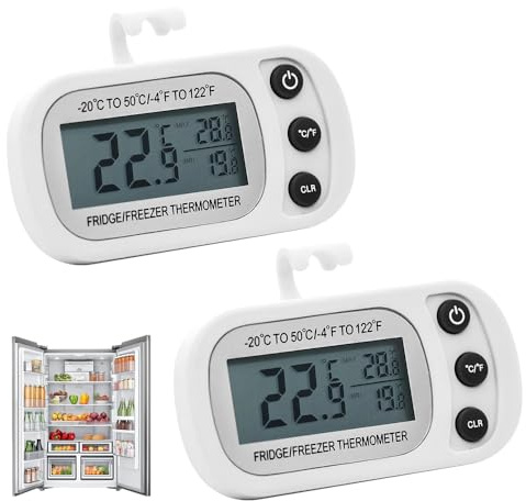 2 PCS Fridge Thermometer, Freezer Thermometer Digital, Fridge Temperature Thermometer with Large LCD Display Min/Max °C/°F Function for Freezer Refrigerator Aquarium