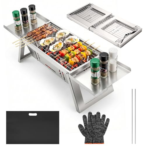 Mini Barbacoa de Carbón Portátil y Plegable, Barbacoa de Carbón Pequeña con Control de Calor de 4 Niveles, Parrilla Barbacoa de Mesa para Camping, Jardín, Terraza, Playa, Picnic y Viajes al Aire Libre