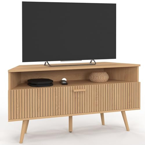 IDMarket - Meuble TV 110 cm d'angle Juliette Effet Lattes Coloris chêne