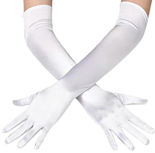 Satin Handschuhe Weiss 52cm Lang fuer Hochzeit 1920er Jahre Karneval | Elegantes Design, Ellbogen Laenge, Kostuem Oper Party, Damen Accessoire, seidig glatt, Abendhandschuhe Braut, Fasching