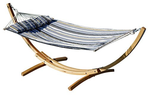 ALEOS. 320cm Hängemattengestell Limited Edition Blanca-LIM-GRAU Hängematte mit Gestell aus Holz Lärche Natur mit Stabhängematte grau gestreift gefüttert und Polster Schrauben aus Edelstahl