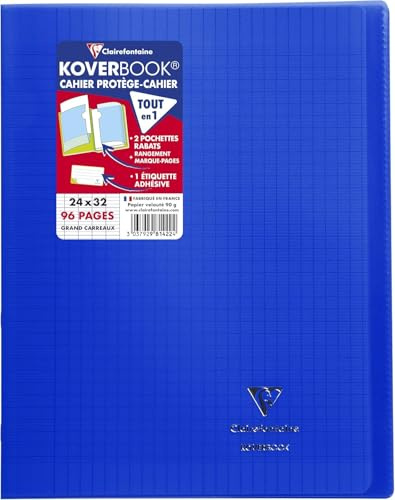 Clairefontaine 981422C – skolhäftapparat/anteckningsbok DIN A4 24 x 32 cm 48 ark 90 g, fransk linjatur, omslag av transparent polypropen, robust, häftad, marinblå, 1 styck