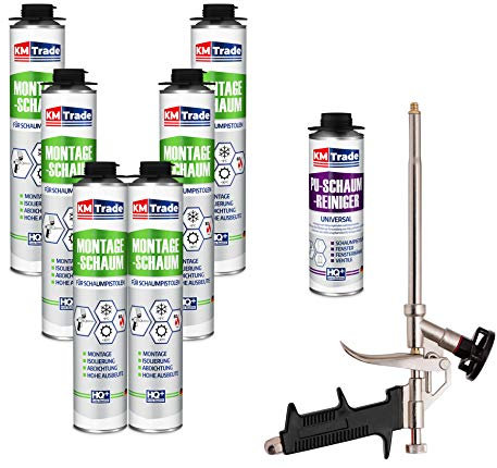KM Trade Bauschaum-Set - Inkl. 6x 1K Montageschaum (je 750 ml), 1x Schaum-Pistole & 1x PU-Schaum-Reiniger (500 ml)