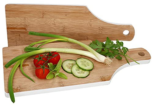 MamboCat 2er Set Bambus-Brett Bonja mit Griff I Schneidebrett mit weißem Rand & Öse zum Aufhängen I Frühstücksbrettchen in moderner Holz-Optik I Küchenbrett für Fleisch, Fisch, Obst & Gemüse