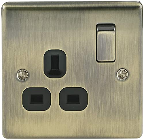 2 x Single Switched Power Socket with Black Inserts, Antique Brass, 13 Amp