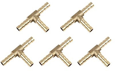 Hsthe Sea 5 Pcs 6 mm or 15/64 Brass Barb Fitting,T-Shaped 3 Ways,Barb Hose Fitting Air Gas Water Fuel,Barbed Tee Connector