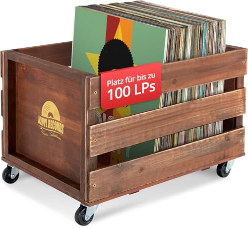 Stagecaptain SPK-100 Schallplattenkiste Emil (3, Braun) | Aufbewahrungsbox für bis zu 100 LPs, Aus Vollholz im Retro-Design, 4 lenkbare Rollen mit Kugellager, 5 x 34 x 30, 5 cm, 9 kg