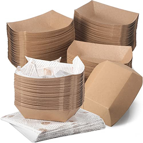 1000 Pieces Paper Food Boats Disposable Kraft Brown Food Trays and Grease Proof Deli Liner, Heavy Duty 3 Lb Coated Paperboard Holds Nacho, Taco, Hot Dog and More for Party Picnic