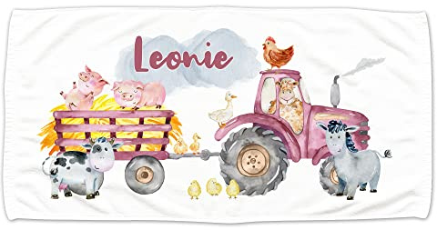 GRAZDesign Kinder Handtuch mit Namen, Trecker mit Bauernhofstieren, Badetuch für Mädchen von 2-10 Jahren Strand / 140x70cm