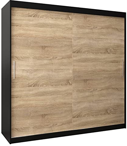 MEBLE KRYSPOL Tokyo 200 Kleiderschrank mit Zwei Schiebetüren für Schlafzimmer – moderner Aufbewahrungsschrank mit Kleiderstange und Regalen – 200x200x62cm - Mattschwarz + Sonoma