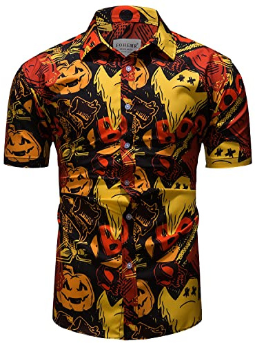 fohemr Herren Halloween Hemd Kurzarm Slim Fit Freizeithemd Kürbis Geist Muster Lustig Funky Hemden Hawaii Shirt Rot XX-Large