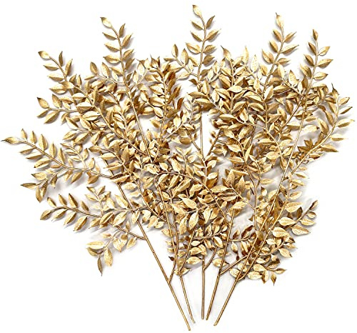 Fake Golden Leaves Plant for Christmas Decorations, Artificial Gold Plants Foliage Stems Plastic Simulation Faux Leaf Stem for Home Garden Wedding Party Decor DIY Glitter Crafts Gift Ornaments 5 Pcs