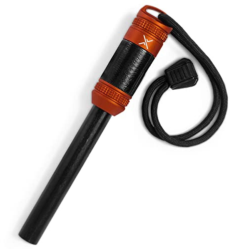 Exotac FireROD XL Ferrocerium-Feuerstarter mit austauschbarem Ferrostab, robustem, brennbarem Reparaturgurt und Zunderkapselfach mit Quicklight-Laschen im Lieferumfang enthalten