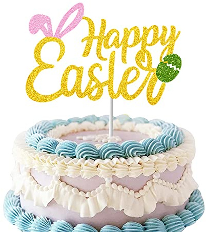 GotGala Happy Easter Cake Topper Gold Glitter Rabbit Bunny Ear Easter Egg Cake Picks for Easter Themed Party Decoration Supplies