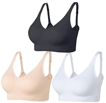 Amazingjoys Non Wired Bras for Women Seamless Wireless Bras with Removable Pads 3 Pack,Black+White+Beige,S (AMS33)