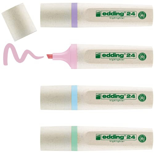 edding 24 EcoLine Textmarker - 4er-Set in Pastellfarben - Keilspitze 2-5 mm-zum schnellen und einfachen Markieren und Hervorheben von Texten und Notizen - nachfüllbar, aus recycelbarem Material
