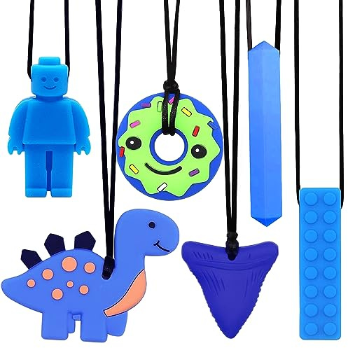 6 PCS Sensory Chew Necklace, Teether Chew Toys Safety Food Grade Silicone for Kids Toddlers ADHD, Autistic, Biting Needs, Oral Motor Teether Chew Pendant Toy with Adjustable Buckle for Baby Boys(Blue)