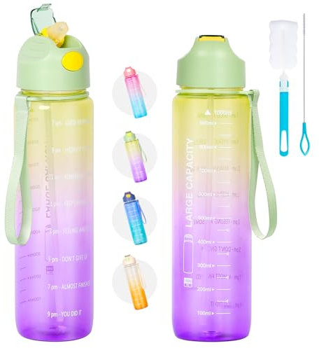 QCQHDU 1 Litre Sports Water Bottles, Large Capacity Time Maker Water Bottle, Plastic Leakproof Durable Drink Bottle for Sports, Gym, Fitness, Cycling, Travel, School and Office (Purple & Green)