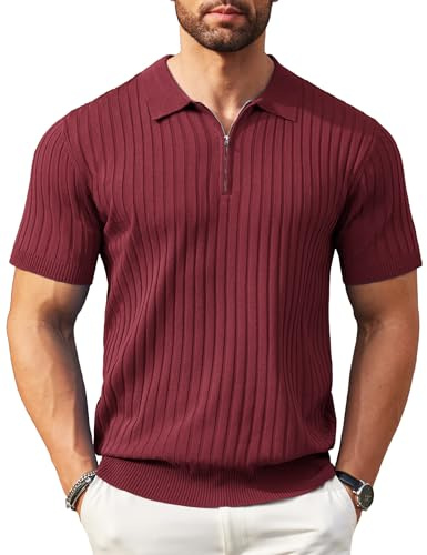 Coofandy Polo de Manga Corta con Cremallera para Hombre, Punto Acanalado, a la Moda, Informal, para Golf, Rojo Vino, XX-Large