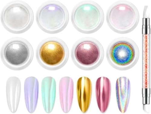 BISHENGYF Polvo Uñas Cromado 8 Colores -【Efecto Espejo Uñas Brillante】Polvos de Cromo para Uñas Metal Dorado, Polvo de Uñas de Cromo Perla blanca Purpurinacon cepillo de uñas de silicona - Fácil Usar