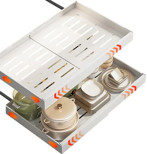 Ueiwffzo Teleskopschublade Küchenschrank Organizer Verstellbare Breite Ausziehbarer Schrank Organizer, Ausziehbare Schublade Küche Slide Out Drawer, Küchenschubladen (32-48cm L x 42cm T x 7.5cm H)