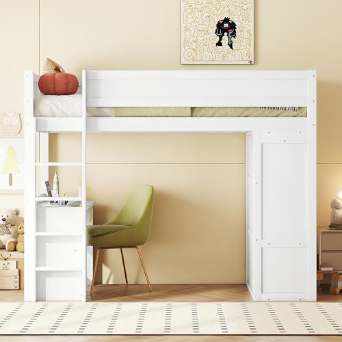 Moimhear 90x200cm Hochbett, vielseitiges Kinderbett, ausgestattet mit Kleiderschrank, Schreibtisch und Schubladen, weiß