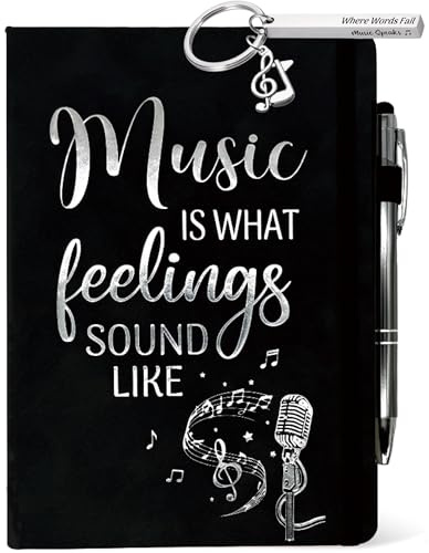 Gåva till musikälskare, Music is What Feelings Sound Like Journal svart 200 sidor A5 linjerad med penna, musik nyckelring, musik tema gåva för musiker, sångare,