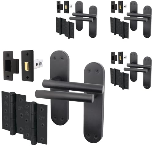 EAI Black Door Handle Latch Set | 4 Pairs of Matt Black Internal Lever Latch T-Bar Handles on Backplate with Hinges (76mm) & Latches (64mm) | Oliena Range