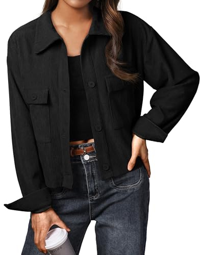 IWOLLENCE Veste en velours côtelé femme Veste-chemise Chemise en velours côtelé Veste courte Manches longues Revers Button-Down Shacket Manteau, Noir , S