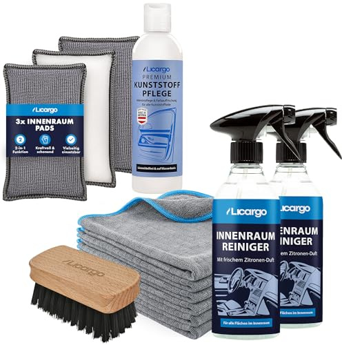 LICARGO Innenraum Set Pro - 2x Innenraumreiniger (500ml) - 6x 380GSM Microfasertücher - 1x Kunststoffpflege 250ml - 3x Innenraum Pads - 1x schonende Bürste - für jede Stelle in deinem Innenraum