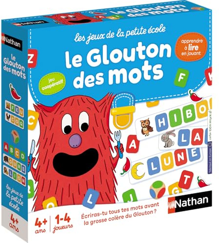 Nathan - Le Glouton des Mots, Jeux de Société Educatif pour Enfants 4 Ans, Apprendre à Lire et Ecrire, Reconnaitre Les Mots et Lettres, Apprentissage en s'amusant, 27 Cartes-Mots, 152 Lettres