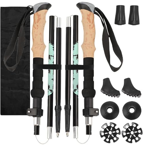 2Pcs Bastones Trekking Plegables Ligero Aluminio con Bolso & Mango Corcho Prueba Golpes, Soporte Marcha Nordica Ajustar Longitud 110-125cm para Mujeres Hombres Senderismo Viaje,Esquí,Alpinismo,Caminar