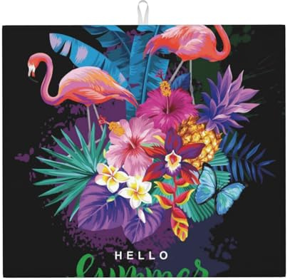 Tapete de secado de platos de verano tropical con flamencos, tapete de microfibra para encimera de cocina, tapete de secado de platos súper absorbente, tapete de secado de platos para lavar a máquina