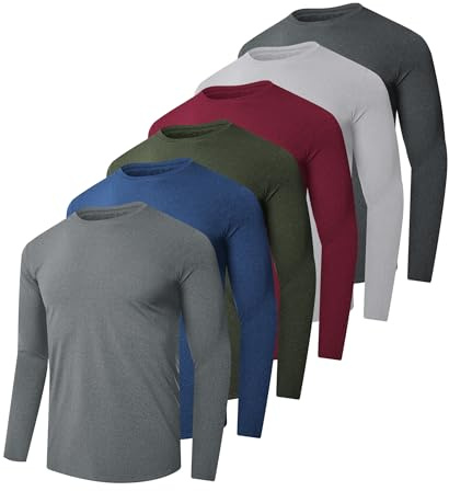 Kinglaman 6 Pack Men Dry Fit Workout Long Sleeve Athletic Gym UPF 50+ SPF UV Sun Protection Quick Dry Lightweight Shirts 1 Black 1 Drak Gray 1 Light Gray 1 Blue 1 Wine Red 1 Army Green Small