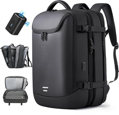TANGCORLE Reseryggsäck med pump, vakuumryggsäck, 40 l, expanderbar, komprimering, flyggodkänd, för kvinnor, män, för 17 tums bärbar dator, med USB-laddningsport, affärer, weekend