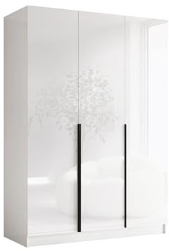 Mirjan24 Kleiderschrank Cikzori I mit 3 Türen (Weiß Hochglanz + Schwarz) | Drehtürenschrank mit Kleiderstange, geräumigen Innenfächern und Soft-Close-Scharnieren, B/H/T: 150/215/58 cm