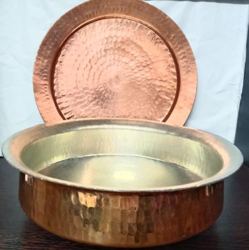 Lalit Kishori Pure Copper Hammered Lagan Handi with Lid | Ayurvedic Health Benefits Cookware | Chaffing Dish Pan | Tin Lining (Brown, 10 Liter)
