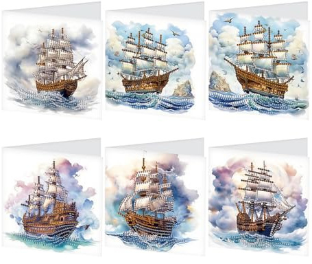 SHEGZHUC Set of 6 Diamond Painting Greeting Cards Sailing Ship, Cards Ship Sea with Envelopes, Birthday Card, Thank You Card, Blessing Card, Holiday Cards, Gift Suitable for All Ages