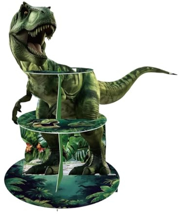 HuadaXtai Alzata per Cupcake a Forma di Dinosauro, Porta Torta a 3 Piani, Porta Torta in Cartone, Alzata per Dessert per Feste di Anniversario E Compleanni