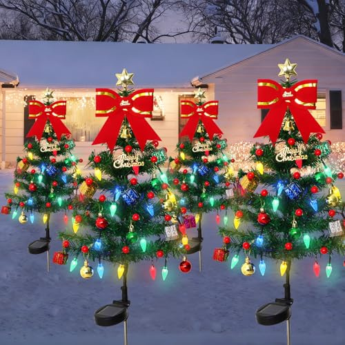 4 Set Solar Christmas Tree Solar Christmas Lights Outdoor with LED Waterproof Pathway Light Solars Xmas Lights Decorations with 80 Strawberry Light Xmas Tree Stake Lighting Garden Lawn Patio Decor