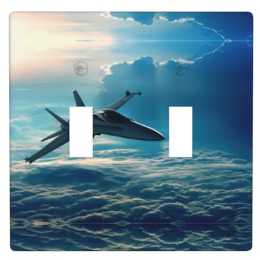 Poezjzw Cubierta de interruptor de luz con patrón de aviones de combate de aviones, cubierta de receptáculo, placa de pared decorativa de doble palanca, tamaño estándar 4.5 x 4.5 pulgadas