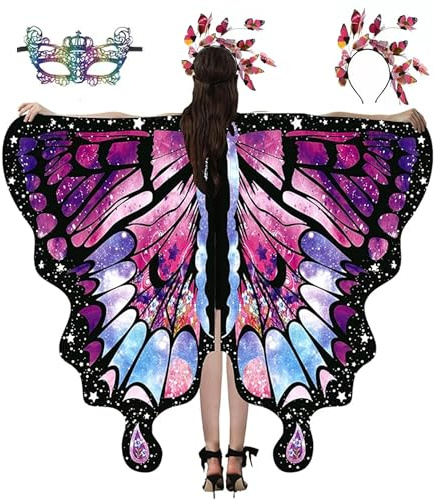 Schmetterling Kostüm Damen,Schmetterlingsflügel Erwachsene,Schmetterling Umhang,3 Set Karneval Kostüm Damen,mit Schmetterling Haarreif,damen Spitze Maske,für Cosplay Karneval,Fasching,Mottoparty (B)