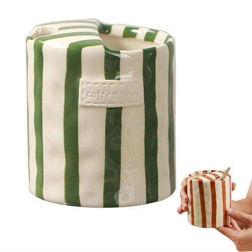 Retro Gestreifte Keramik Kaffeetasse, handbemalte gestreifte Kaffeetasse, hitzebeständige rutschfeste Tasse für Milch Latte heiße kalte Getränke, für Liebhaber (Grün)