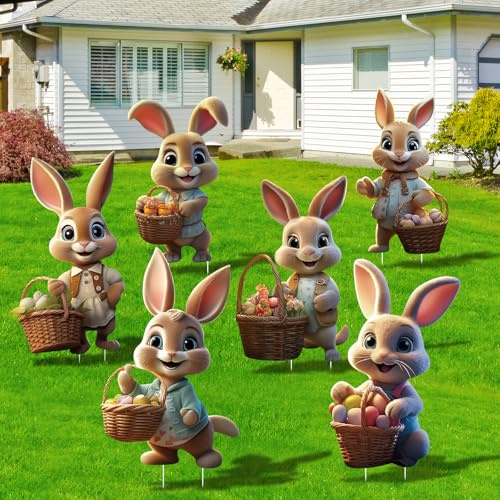 6 Stück Osterhasen Gartenstecker, 2D Ostern Werbeschilder, Ostern Hof Schild, Ostereiersuche, Osterdeko Outdoor für Rasen Garten Yard, Frühlingsdeko Draußen, 35 x 22 CM